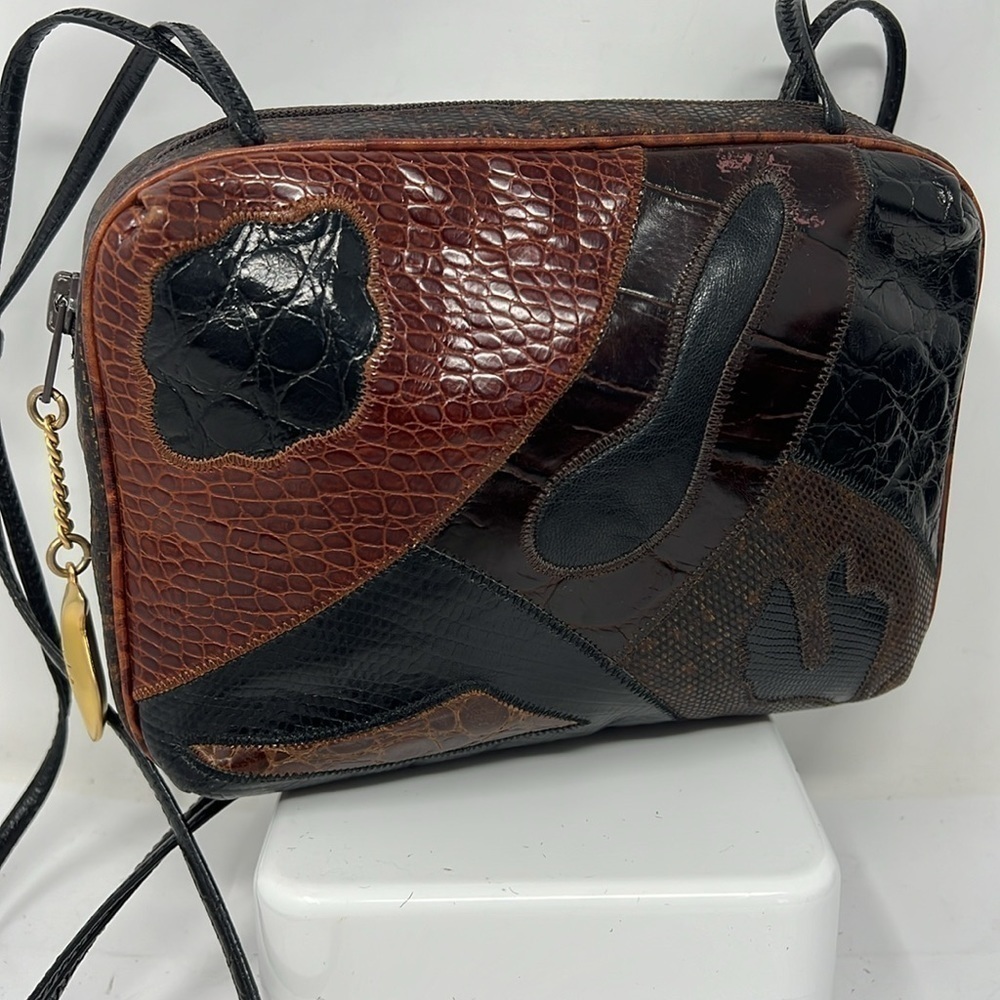 Sharif Multi Exotic Skins Leather Patch Ziptop Crossbody Handbag Purse